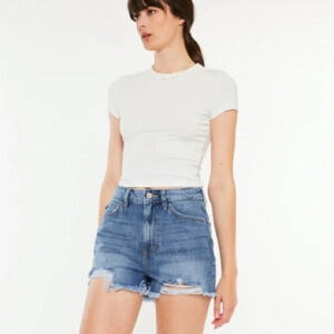 KANCAN DISTRESSED RAW HEM HIGH WAIST DENIM SHORTS SIZE 27‎